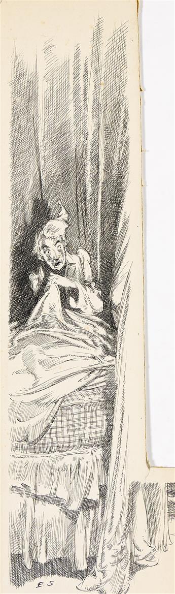 EVERETT SHINN (1876 - 1953) Scrooge waiting for the Ghost of Christmas Present.